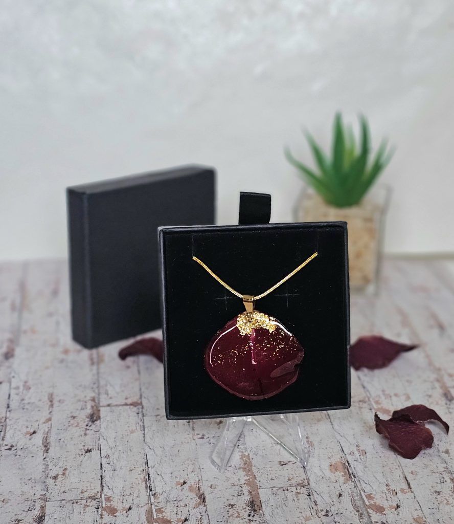 Handpoured resin red Rose Pendant Necklance on a gold tone chain in a black gift box
