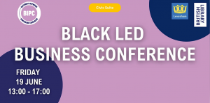 Purple and blue logo for BIPC Lewisham with text giving details of black business conference on Fri 17th June at Catford library.