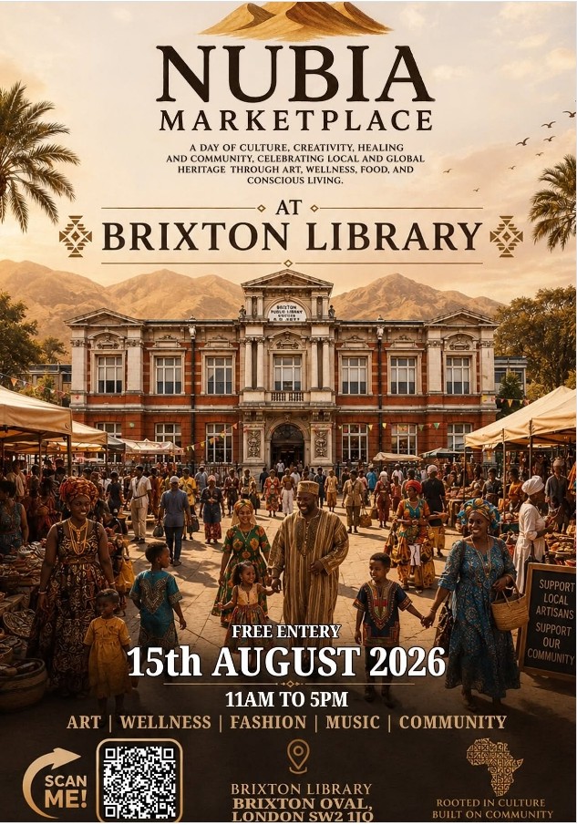 Event Poster in sepia tone of black families shopping at an outdoor market outside a Victorian building (Brixton Library).