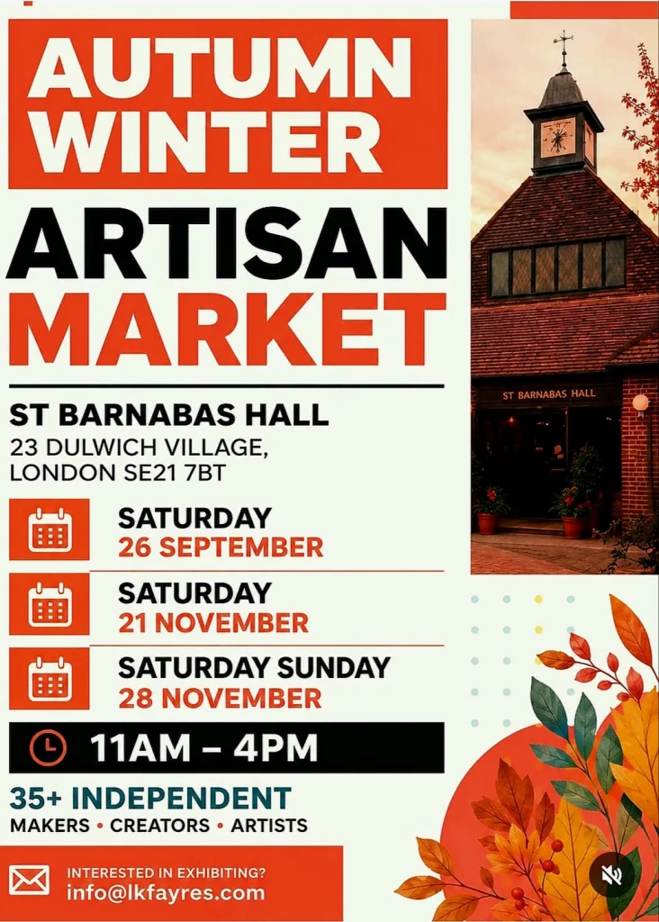 Beige and orange coloured poster showing a doorway of a church hall and some dates in September and November 2026.